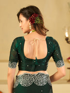 Bottle Green Fendy Satin Saree with White Floral Embroidery Border | Elegant Designer Party Wear Saree with Blouse