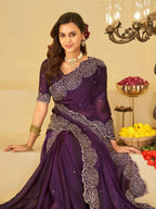 Royal Purple Fendy Satin Saree with White Floral Embroidery Border | Elegant Designer Party Wear Saree with Blouse
