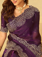 Royal Purple Fendy Satin Saree with White Floral Embroidery Border | Elegant Designer Party Wear Saree with Blouse