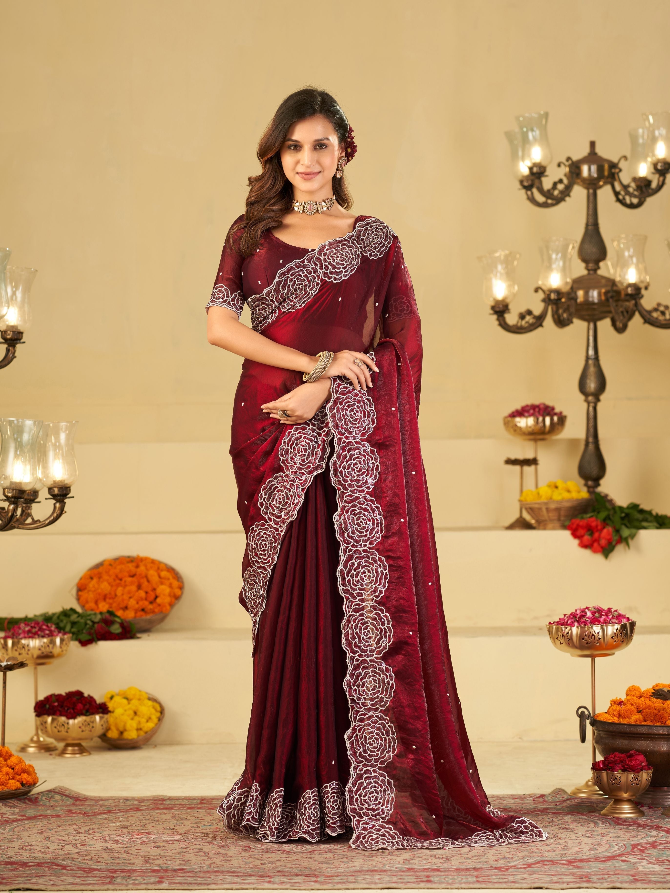 Wine Fendy Satin Saree with White Floral Embroidery Border | Elegant Designer Party Wear Saree with Blouse