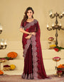 Wine Fendy Satin Saree with White Floral Embroidery Border | Elegant Designer Party Wear Saree with Blouse