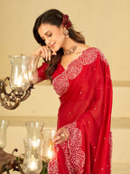 Ruby Red Fendy Satin Saree with White Floral Embroidery Border | Designer Party Wear Saree with Matching Blouse