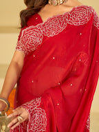 Ruby Red Fendy Satin Saree with White Floral Embroidery Border | Designer Party Wear Saree with Matching Blouse
