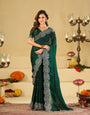 Bottle Green Fendy Satin Saree with White Floral Embroidery Border | Elegant Designer Party Wear Saree with Blouse