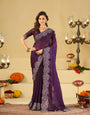 Royal Purple Fendy Satin Saree with White Floral Embroidery Border | Elegant Designer Party Wear Saree with Blouse