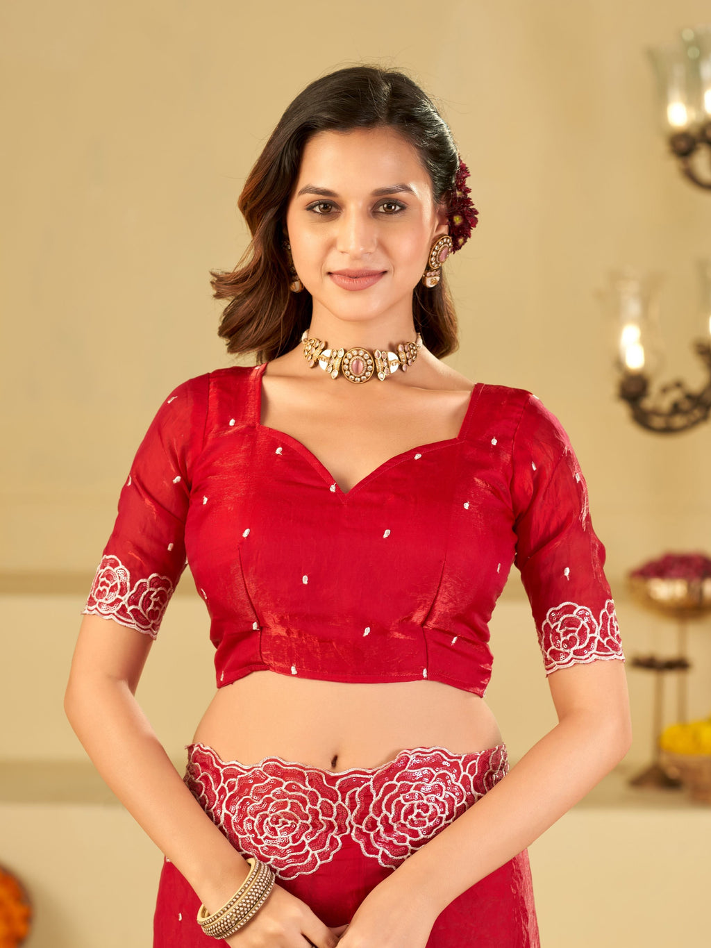 Ruby Red Fendy Satin Saree with White Floral Embroidery Border | Designer Party Wear Saree with Matching Blouse