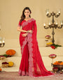 Ruby Red Fendy Satin Saree with White Floral Embroidery Border | Designer Party Wear Saree with Matching Blouse