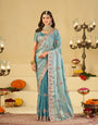 Sky Blue Designer Fendy Satin Saree with Heavy Embroidered Border | Elegant Festive Party Wear Saree with Intricate Embroidery & Matching Blouse