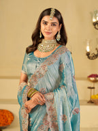 Sky Blue Designer Fendy Satin Saree with Heavy Embroidered Border | Elegant Festive Party Wear Saree with Intricate Embroidery & Matching Blouse