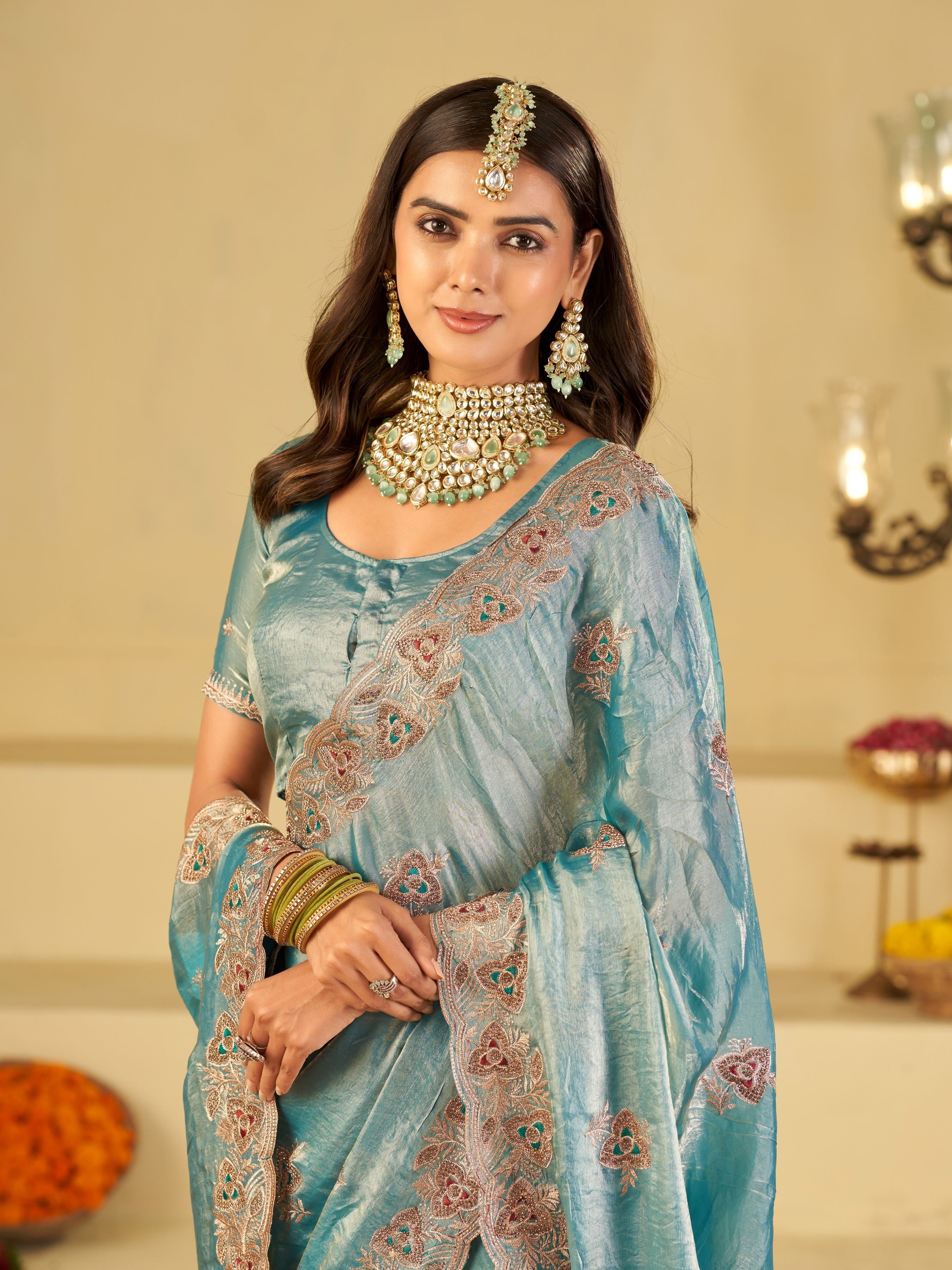 Sky Blue Designer Fendy Satin Saree with Heavy Embroidered Border | Elegant Festive Party Wear Saree with Intricate Embroidery & Matching Blouse