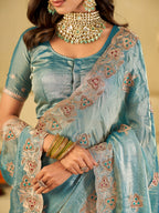 Sky Blue Designer Fendy Satin Saree with Heavy Embroidered Border | Elegant Festive Party Wear Saree with Intricate Embroidery & Matching Blouse