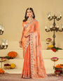 Peach Designer Fendy Satin Saree with Heavy Embroidered Border | Elegant Festive Party Wear Saree with Intricate Embroidery & Matching Blouse