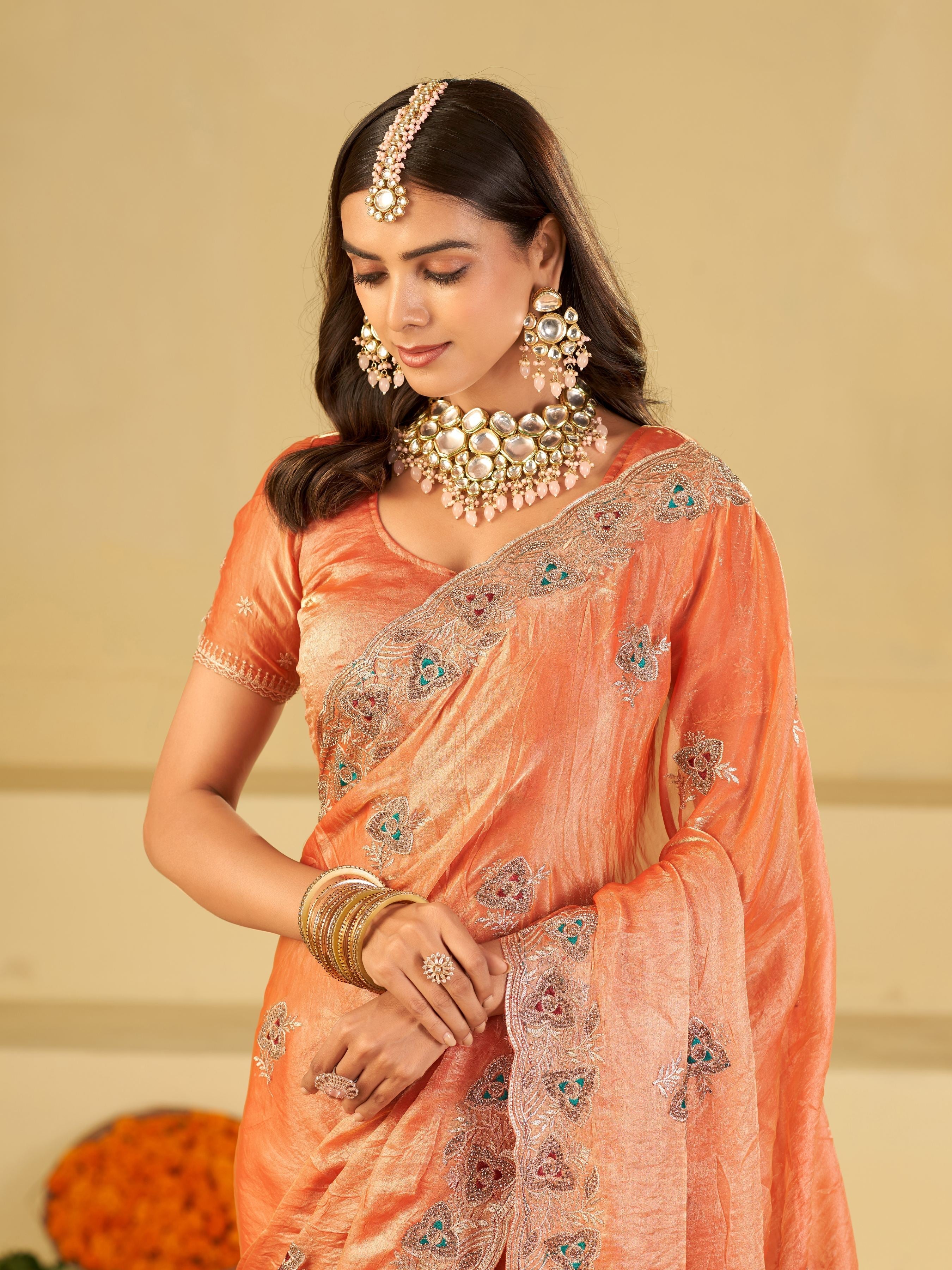 Peach Designer Fendy Satin Saree with Heavy Embroidered Border | Elegant Festive Party Wear Saree with Intricate Embroidery & Matching Blouse