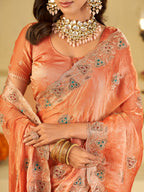 Peach Designer Fendy Satin Saree with Heavy Embroidered Border | Elegant Festive Party Wear Saree with Intricate Embroidery & Matching Blouse