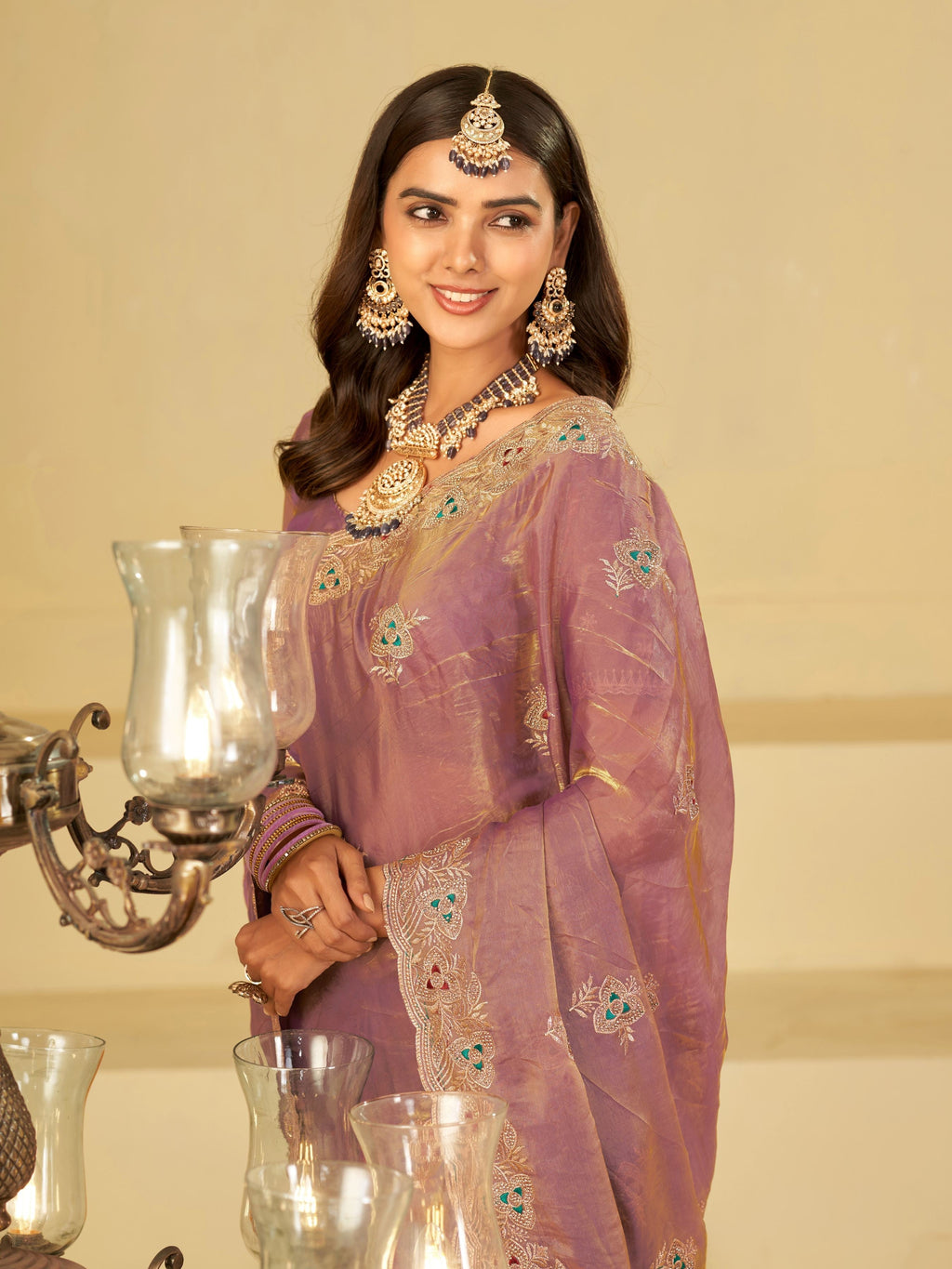 Lavender Designer Fendy Satin Saree with Heavy Embroidered Border | Elegant Party Wear Festive Saree with Intricate Embroidery & Matching Blouse