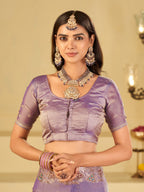 Pastel Lavender Designer Fendy Satin Saree with Heavy Embroidered Border | Elegant Party Wear Festive Saree with Intricate Embroidery & Matching Blouse