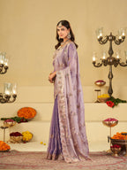 Pastel Lavender Designer Fendy Satin Saree with Heavy Embroidered Border | Elegant Party Wear Festive Saree with Intricate Embroidery & Matching Blouse
