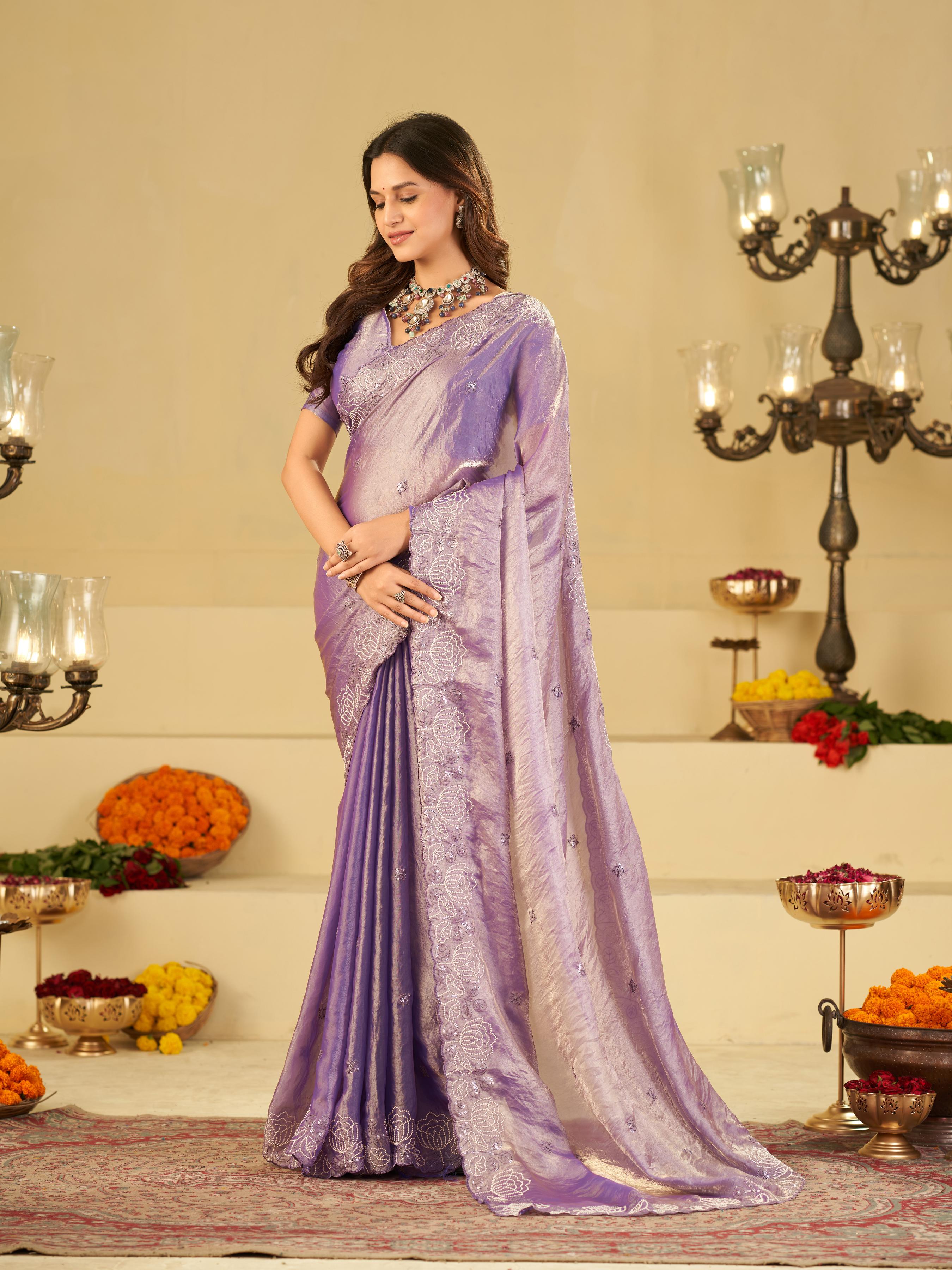 Lavender Purple Fendy Satin Saree with White Floral Embroidery Border | Elegant Designer Party Wear Saree with Blouse