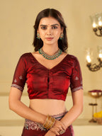Maroon Designer Fendy Satin Saree with Heavy Embroidered Border | Premium Wedding Party Wear Saree with Intricate Embroidery & Matching Blouse