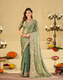 Sage Green Fendy Satin Saree with Floral Embroidery Border | Designer Party Wear Embroidered Saree with Blouse