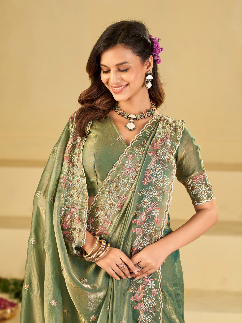 Sage Green Fendy Satin Saree with Floral Embroidery Border | Designer Party Wear Embroidered Saree with Blouse
