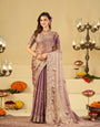 Lavender Purple Fendy Satin Saree with Floral Embroidery Border | Designer Party Wear Embroidered Saree with Blouse
