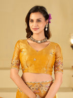 Mustard Yellow Fendy Satin Saree with Floral Embroidery Border | Designer Embroidered Party Wear Saree with Blouse