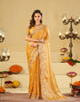 Mustard Yellow Fendy Satin Saree with Floral Embroidery Border | Designer Embroidered Party Wear Saree with Blouse