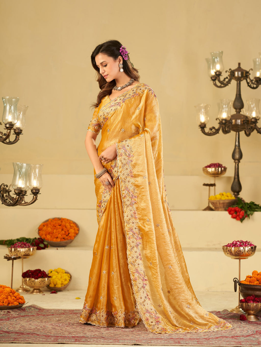 Mustard Yellow Fendy Satin Saree with Floral Embroidery Border | Designer Embroidered Party Wear Saree with Blouse