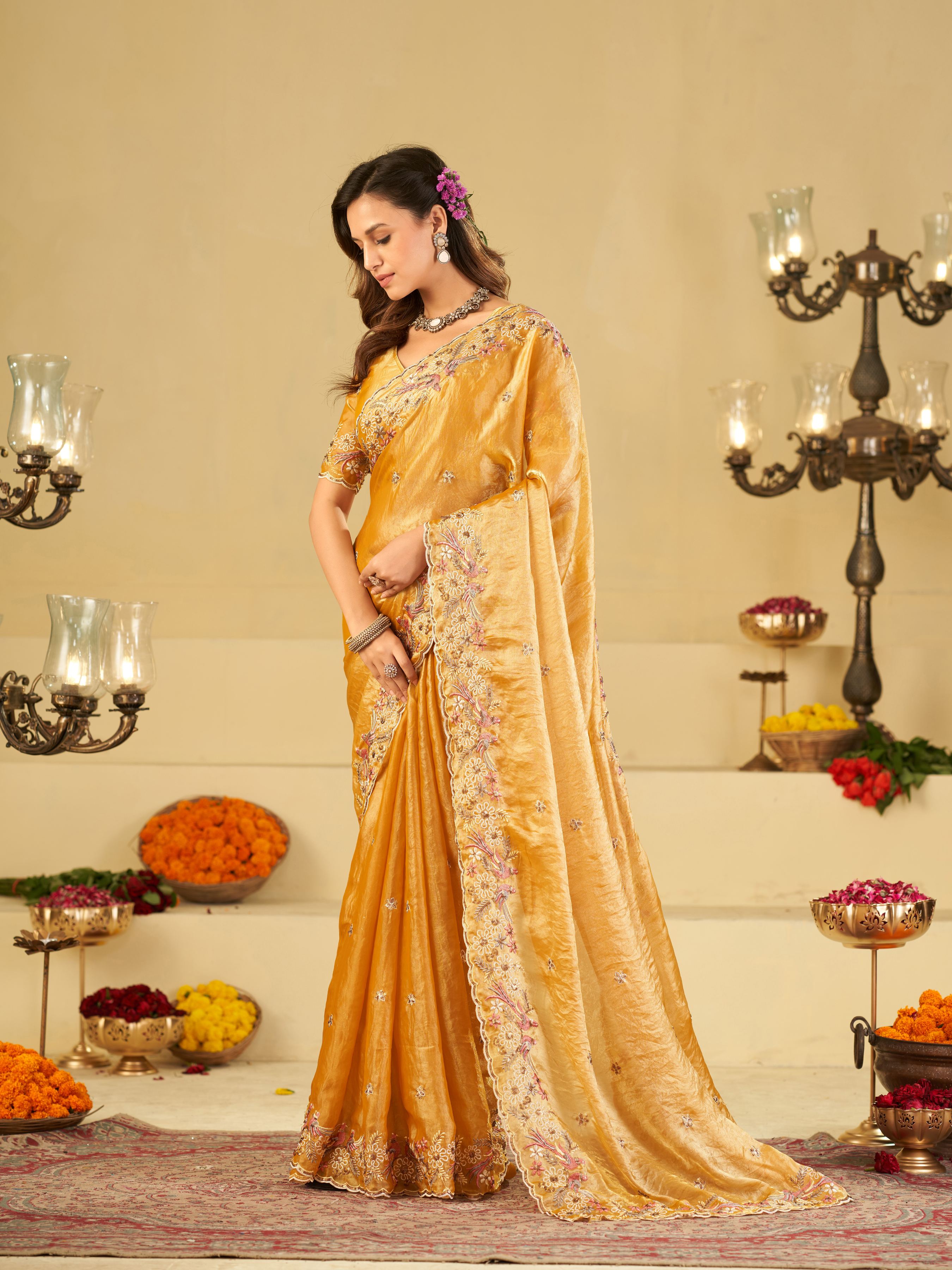 Mustard Yellow Fendy Satin Saree with Floral Embroidery Border | Designer Embroidered Party Wear Saree with Blouse