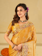 Mustard Yellow Fendy Satin Saree with Floral Embroidery Border | Designer Embroidered Party Wear Saree with Blouse