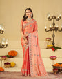 Peach Pink Designer Fendy Satin Saree with Heavy Embroidered Border | Elegant Party Wear Ethnic Saree with Intricate Embroidery & Matching Blouse