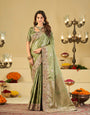 Pista Green Banarasi Silk Saree with Floral Embroidered Border & Rich Zari Weaving | Designer Festive Wedding Saree