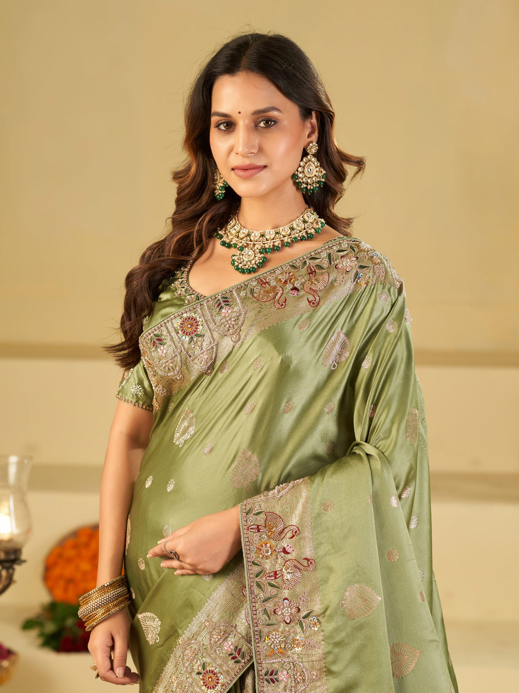 Pista Green Banarasi Silk Saree with Floral Embroidered Border & Rich Zari Weaving | Designer Festive Wedding Saree