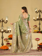Pista Green Banarasi Silk Saree with Floral Embroidered Border & Rich Zari Weaving | Designer Festive Wedding Saree