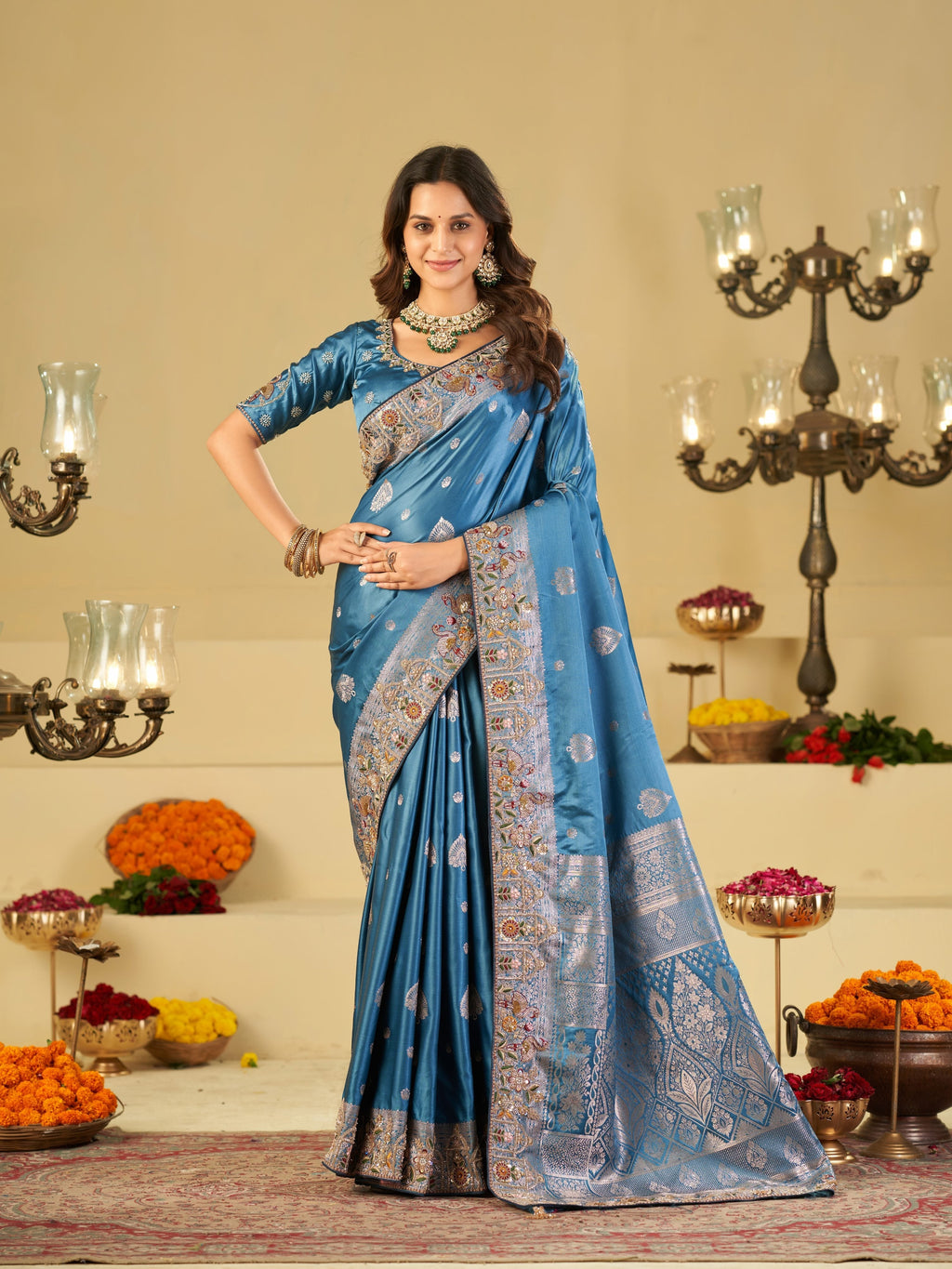 Royal Sky Blue Banarasi Silk Saree with Floral Embroidered Border & Rich Zari Woven Pallu | Designer Wedding Festive Saree