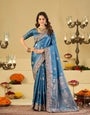 Royal Sky Blue Banarasi Silk Saree with Floral Embroidered Border & Rich Zari Woven Pallu | Designer Wedding Festive Saree