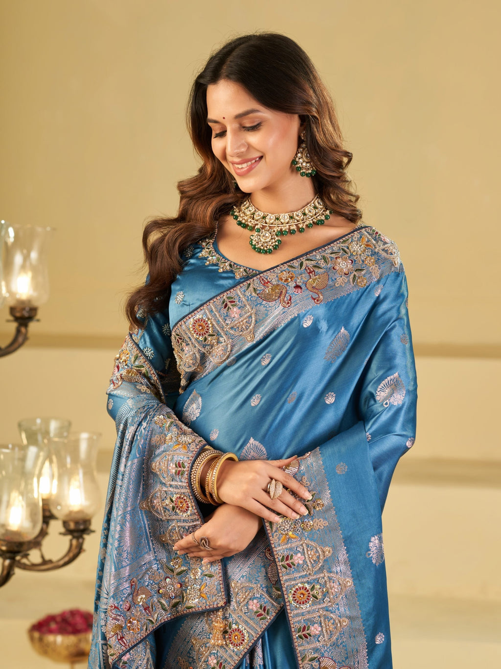 Royal Sky Blue Banarasi Silk Saree with Floral Embroidered Border & Rich Zari Woven Pallu | Designer Wedding Festive Saree
