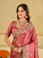Rose Pink Banarasi Silk Saree with Floral Embroidered Border & Rich Zari Weaving | Designer Wedding Festive Saree