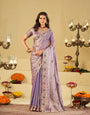 Lavender Purple Designer Fendy Satin Saree with Floral Embroidered Border & Elegant Thread Work | Premium Festive Party Wear Saree