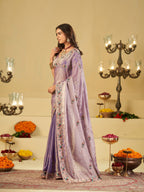 Lavender Purple Designer Fendy Satin Saree with Floral Embroidered Border & Elegant Thread Work | Premium Festive Party Wear Saree
