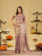 Lavender Designer Fendy Satin Saree with Multicolor Floral Embroidered Border & Elegant Thread Work | Premium Festive Party Wear Saree