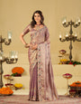 Lavender Designer Fendy Satin Saree with Multicolor Floral Embroidered Border & Elegant Thread Work | Premium Festive Party Wear Saree