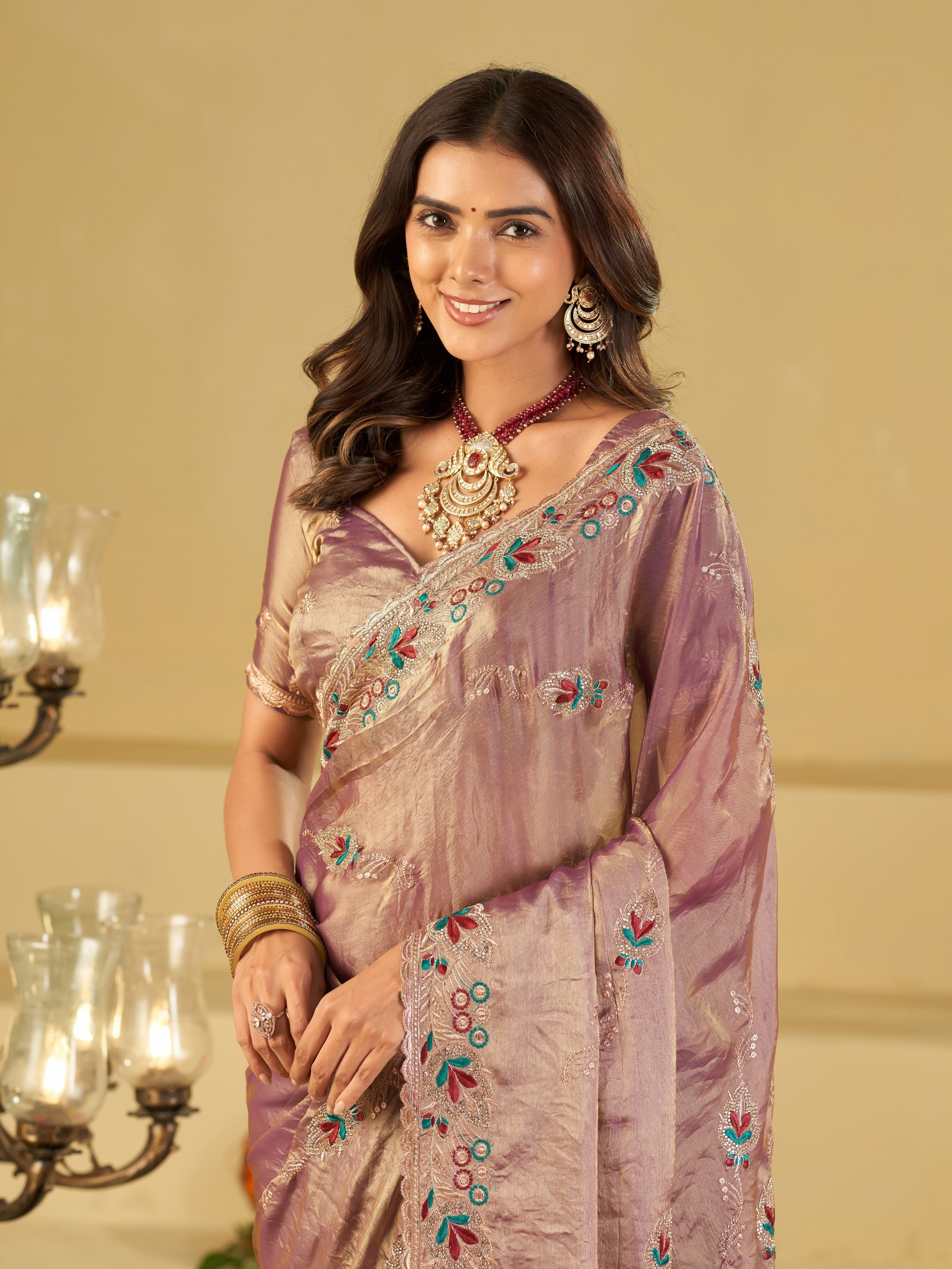 Lavender Designer Fendy Satin Saree with Multicolor Floral Embroidered Border & Elegant Thread Work | Premium Festive Party Wear Saree