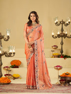 Peach Designer Fendy Satin Saree with Floral Embroidered Border & Elegant Thread Work | Premium Festive Party Wear Saree