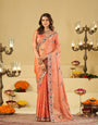 Peach Designer Fendy Satin Saree with Floral Embroidered Border & Elegant Thread Work | Premium Festive Party Wear Saree