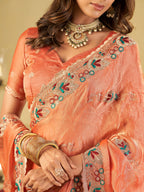 Peach Designer Fendy Satin Saree with Floral Embroidered Border & Elegant Thread Work | Premium Festive Party Wear Saree