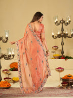 Peach Designer Fendy Satin Saree with Floral Embroidered Border & Elegant Thread Work | Premium Festive Party Wear Saree