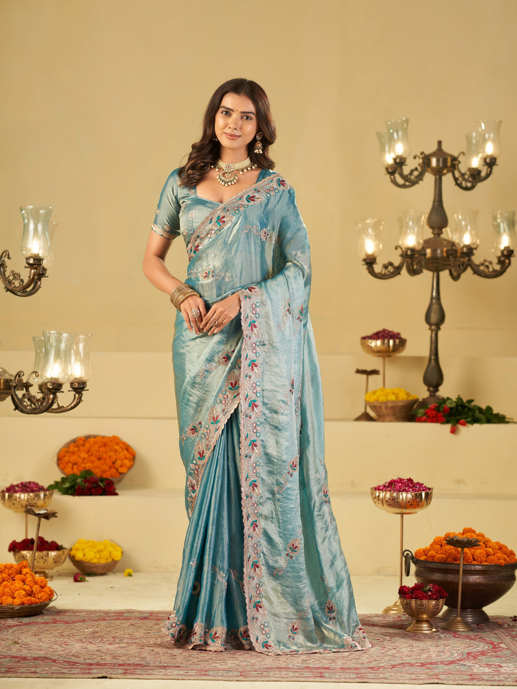 Sky Blue Designer Fendy Satin Saree with Floral Embroidered Border & Intricate Thread Work | Elegant Festive Party Wear Saree
