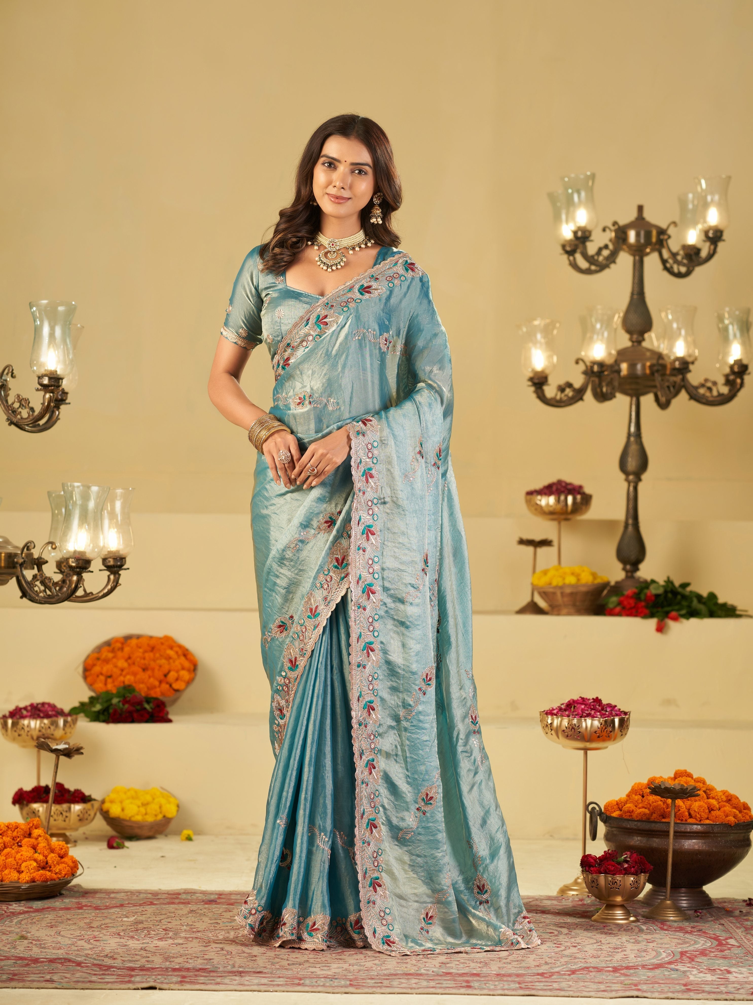 Sky Blue Designer Fendy Satin Saree with Floral Embroidered Border & Intricate Thread Work | Elegant Festive Party Wear Saree